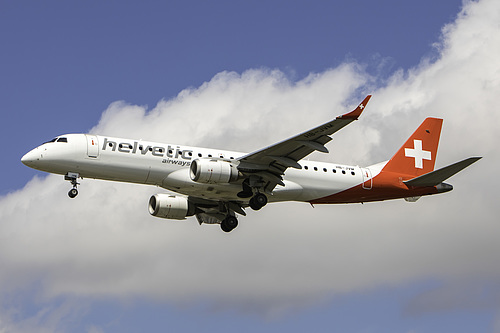 Helvetic Airways Embraer ERJ-190 HB-JVM at London Heathrow Airport (EGLL/LHR) Helvetic Airways Embraer ERJ-190 HB-JVM at London Heathrow Airport (EGLL/LHR)