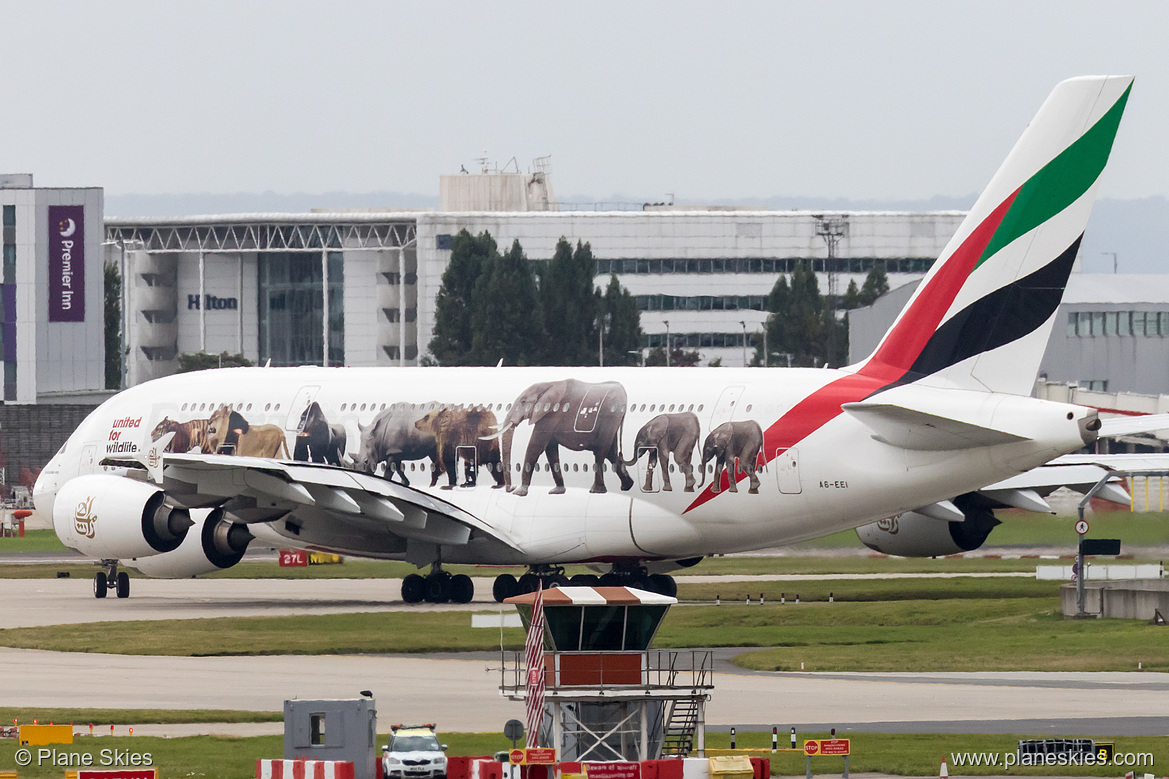 Emirates Airbus A380-800 A6-EEI at London Heathrow Airport (EGLL/LHR) Emirates Airbus A380-800 A6-EEI at London Heathrow Airport (EGLL/LHR)