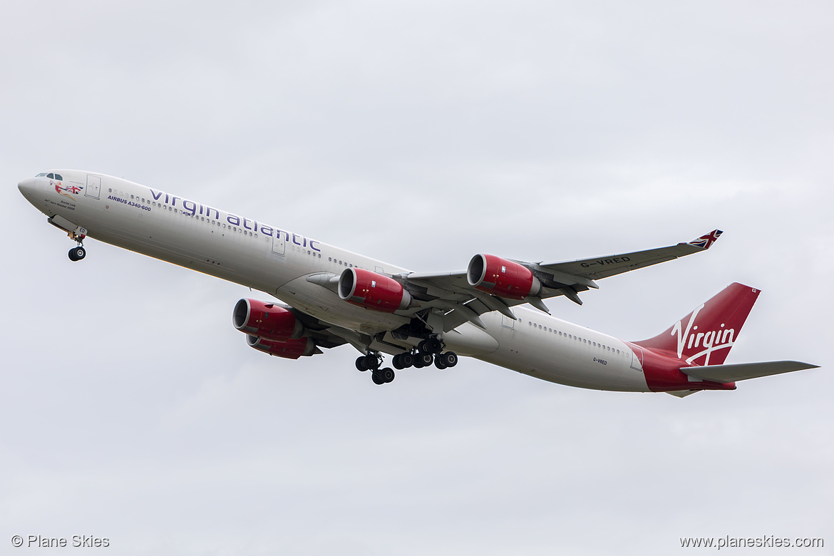 Virgin Atlantic Airbus A340-600 G-VRED at London Heathrow Airport (EGLL/LHR) Virgin Atlantic Airbus A340-600 G-VRED at London Heathrow Airport (EGLL/LHR)