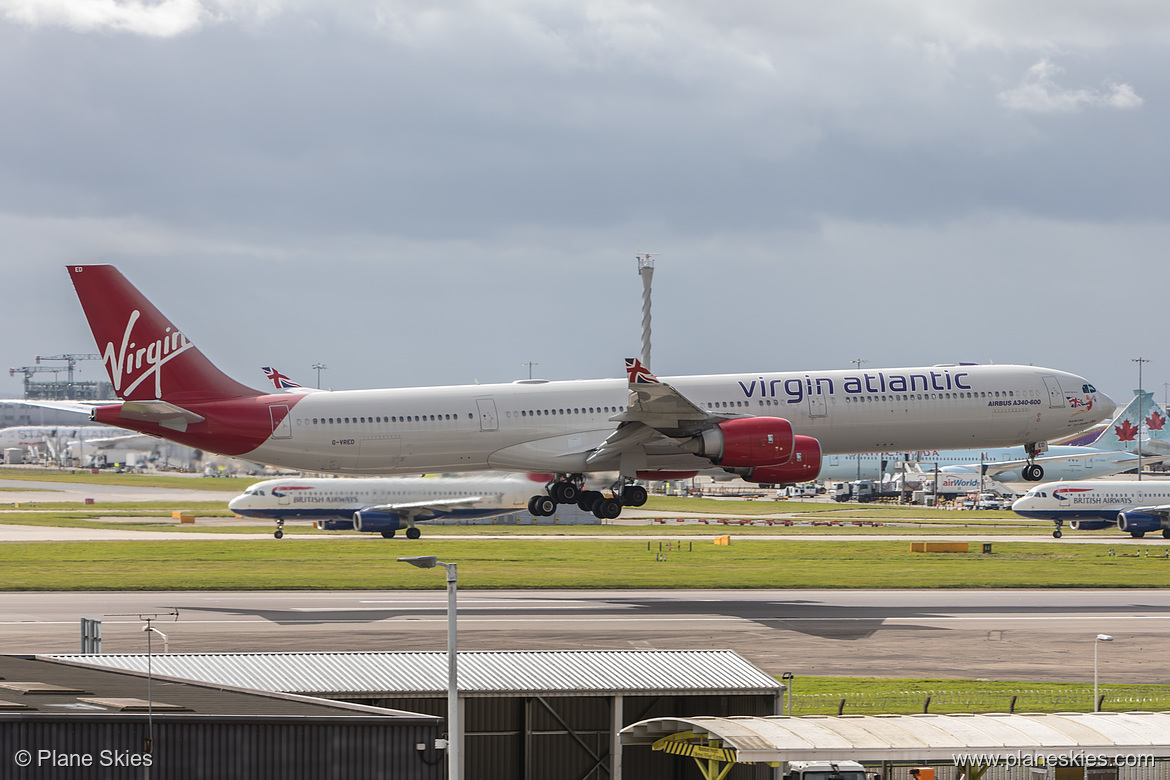 Virgin Atlantic Airbus A340-600 G-VRED at London Heathrow Airport (EGLL/LHR) Virgin Atlantic Airbus A340-600 G-VRED at London Heathrow Airport (EGLL/LHR)