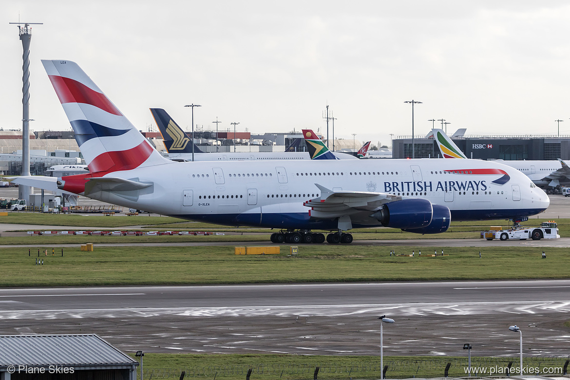 British Airways Airbus A380-800 G-XLEA at London Heathrow Airport (EGLL/LHR) British Airways Airbus A380-800 G-XLEA at London Heathrow Airport (EGLL/LHR)