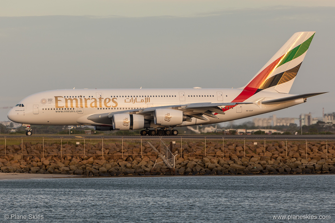 Emirates Airbus A380-800 A6-EUF at Sydney Kingsford Smith International Airport (YSSY/SYD) Emirates Airbus A380-800 A6-EUF at Sydney Kingsford Smith International Airport (YSSY/SYD)