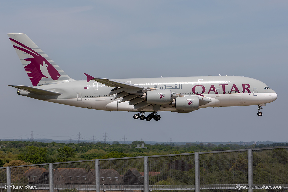 Qatar Airways Airbus A380-800 A7-APA at London Heathrow Airport (EGLL/LHR) Qatar Airways Airbus A380-800 A7-APA at London Heathrow Airport (EGLL/LHR)