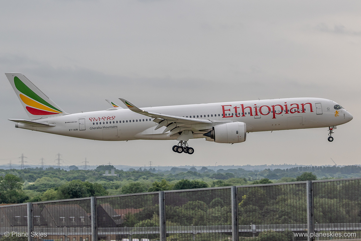 Ethiopian Airlines Airbus A350-900 ET-AUB at London Heathrow Airport (EGLL/LHR) Ethiopian Airlines Airbus A350-900 ET-AUB at London Heathrow Airport (EGLL/LHR)